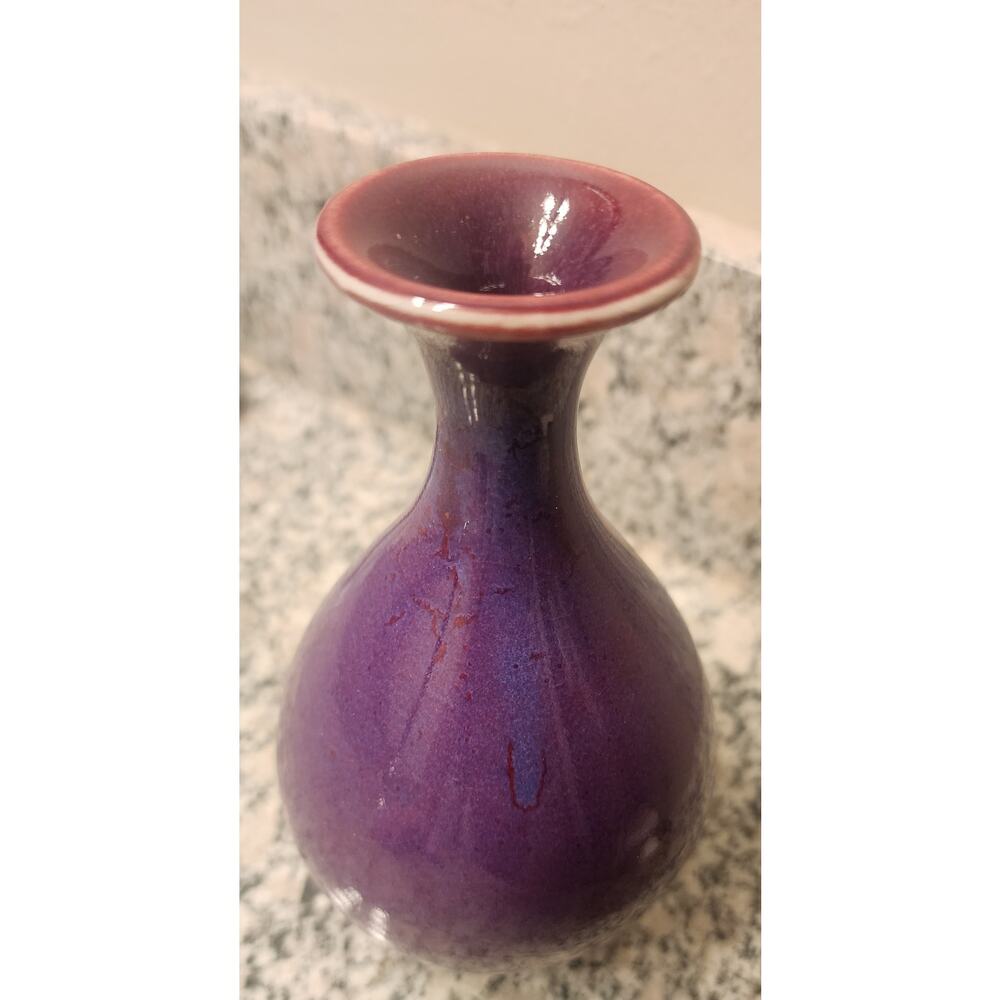 Purple Glazed Ceramic Vase with Chinese Seal Mark – 5 Inch Pottery Decor - Picture 2 of 5